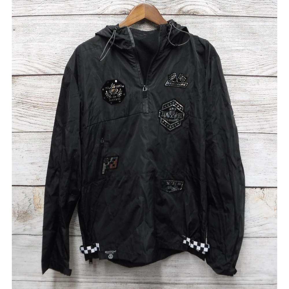 Switch Raincoat Mens XLarge Black Hooded Mesh Neck Racing Patches Skinny Fit New